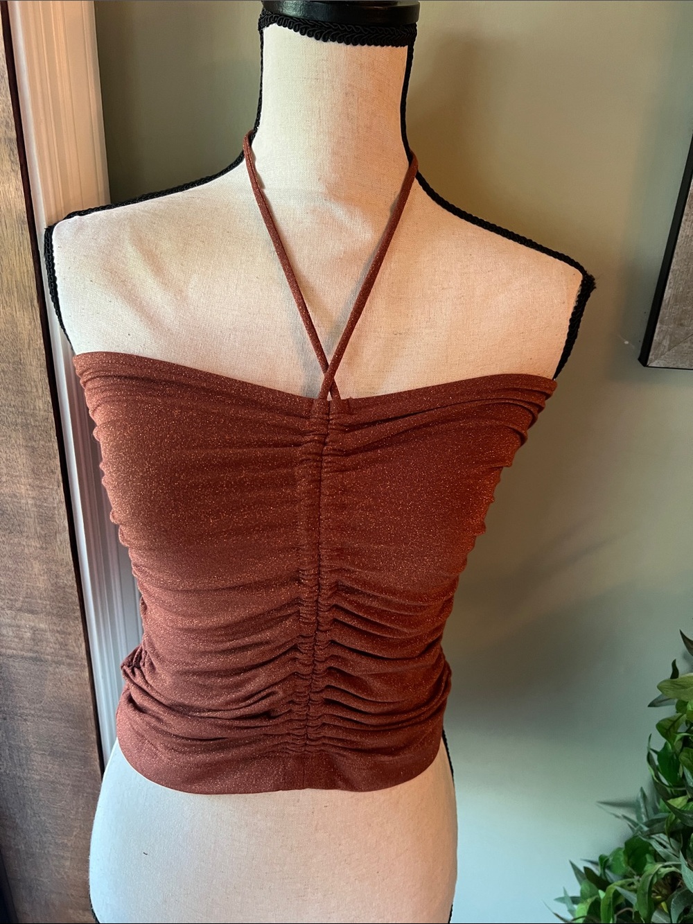 LOFT Brown Halter Ruched Crop Top